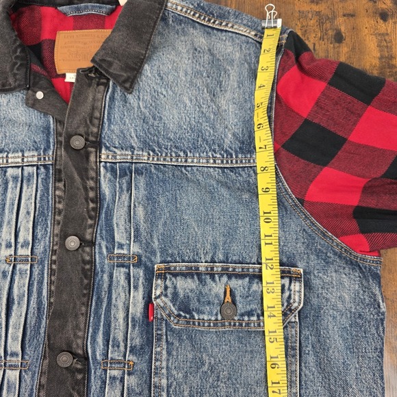 Levis Premium Trucker Jacket Mens XL Denim Plaid Flannel Buffalo Check Sleeve - Picture 6 of 7